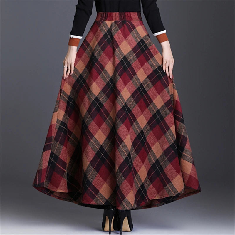 Neophil Woolen Warm S-3XL Thick Plaid Skirts  Winter Women England Style Pockets Midi Pleated A-Line Wool Tartan Skirt S9216