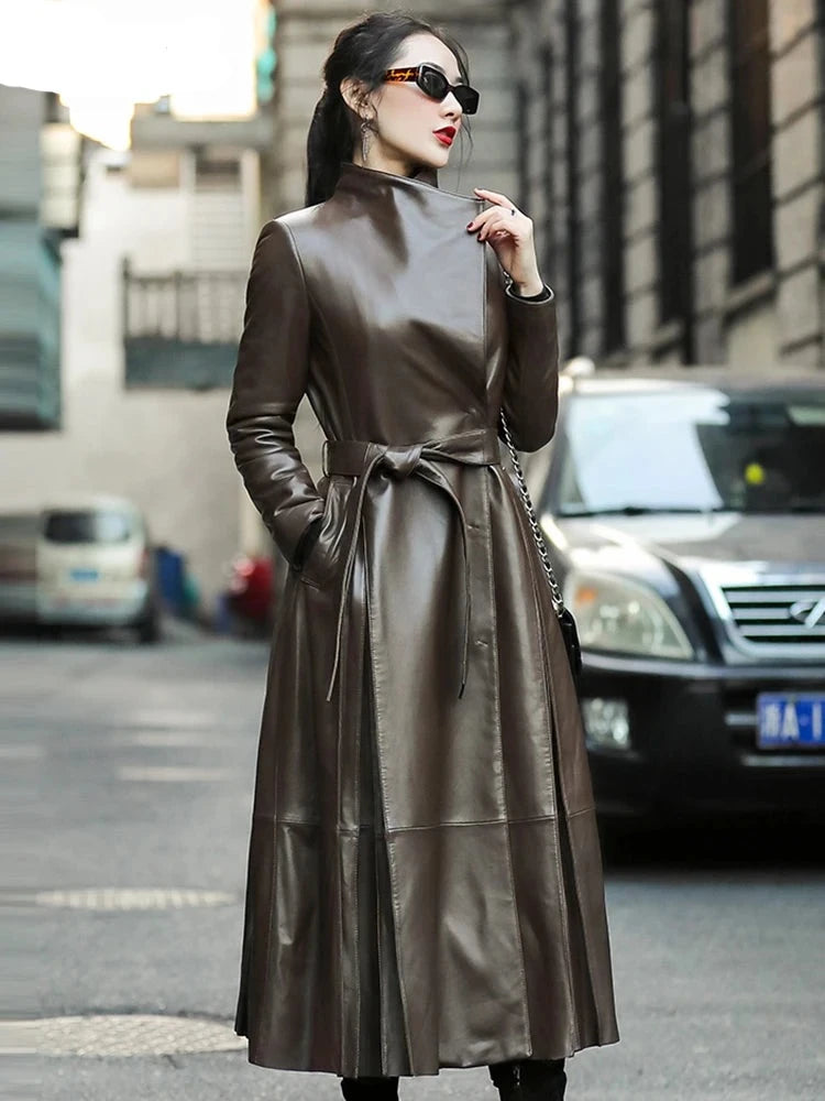 Nerazzurri Autumn Long Brown Black Soft Faux Leather Trench Coat for Women Belt Skirted Elegant Luxury Fashion